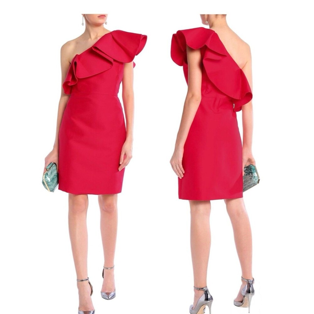 HALSTON Heritage One-shoulder Ruffled Cotton and Silk-blend Dress in Red 6
